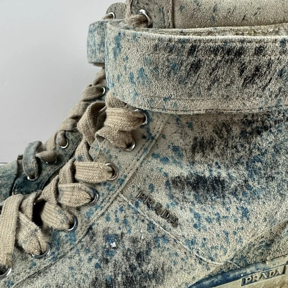 Prada Paint Splatter Artsy Wedge Sneakers Shoes Leather‎ High Top EU 37.5 US 7